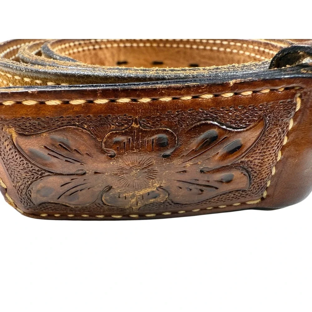 Men's Western‎ Tooled Leather Belt Floral Design Brown Suede Lined